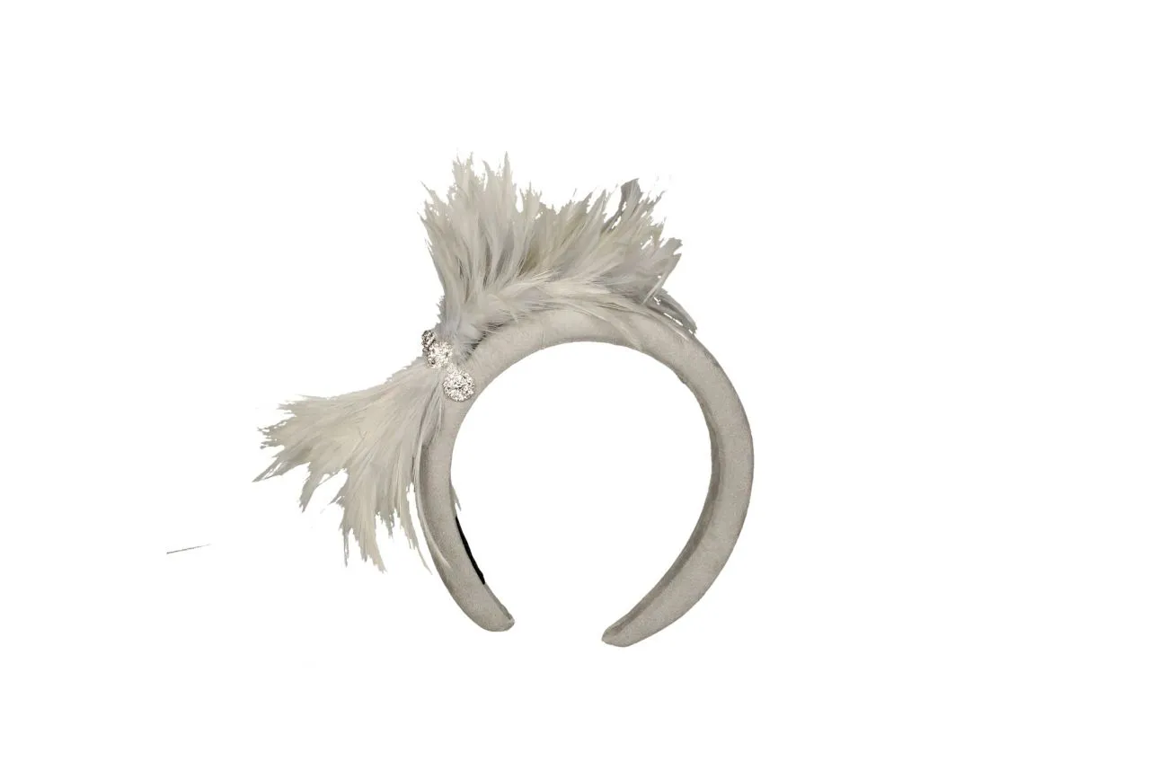 Diadema Plata Acolchada Plumas Broche Brillantes