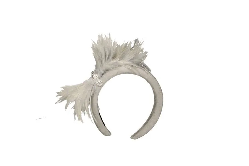 Diadema Plata Acolchada Plumas Broche Brillantes