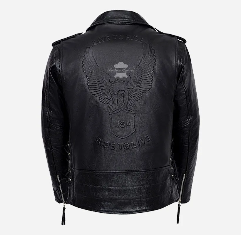 EAGLE EMBOSSED LIVE TO RIDE BIKER JACKET FOR MEN