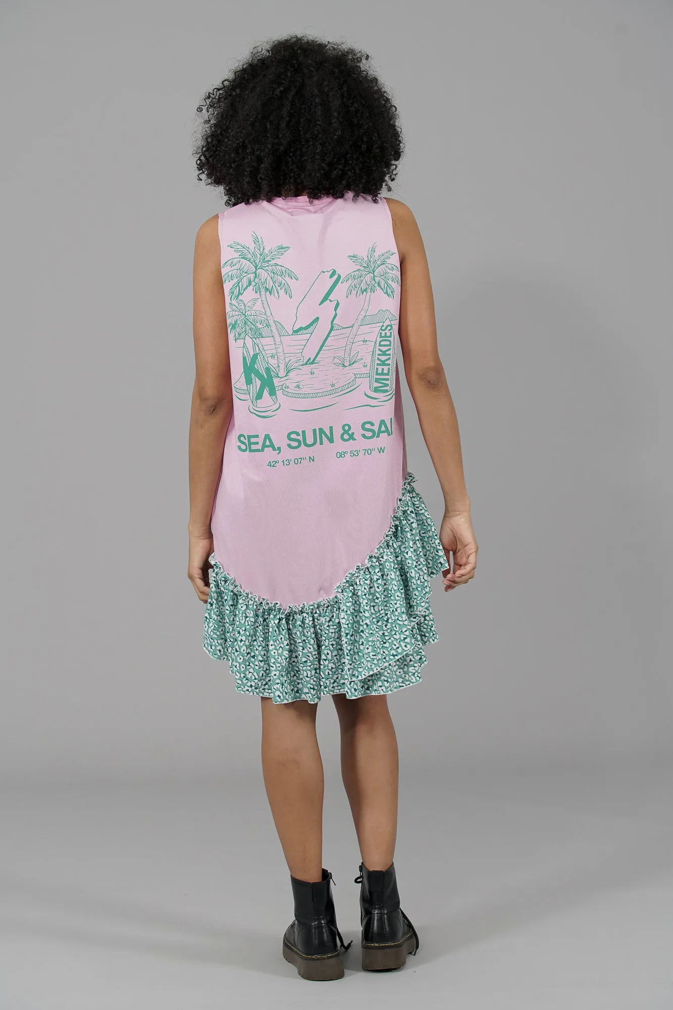 Vestido Camiseta VENICE volante · ROSA & PRINT VERDE AGUA ·
