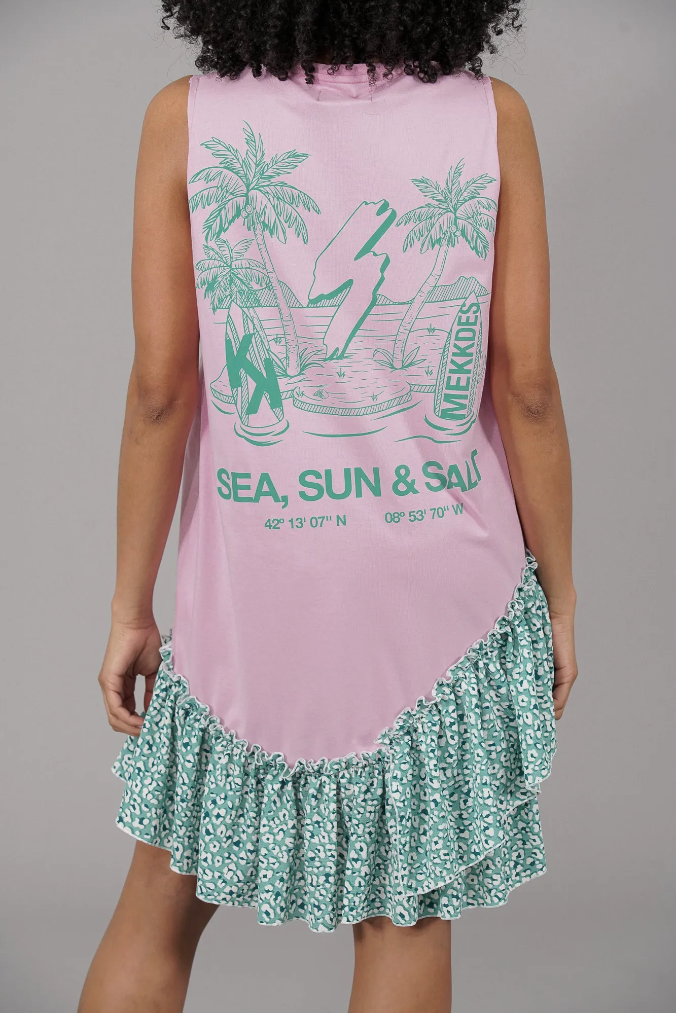 Vestido Camiseta VENICE volante · ROSA & PRINT VERDE AGUA ·